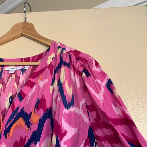 Chico's Pink Artsy Print Tiered Maxi Dress Sz.2 or 12 V- neck LS Lined Colorful - Picture 7 of 13